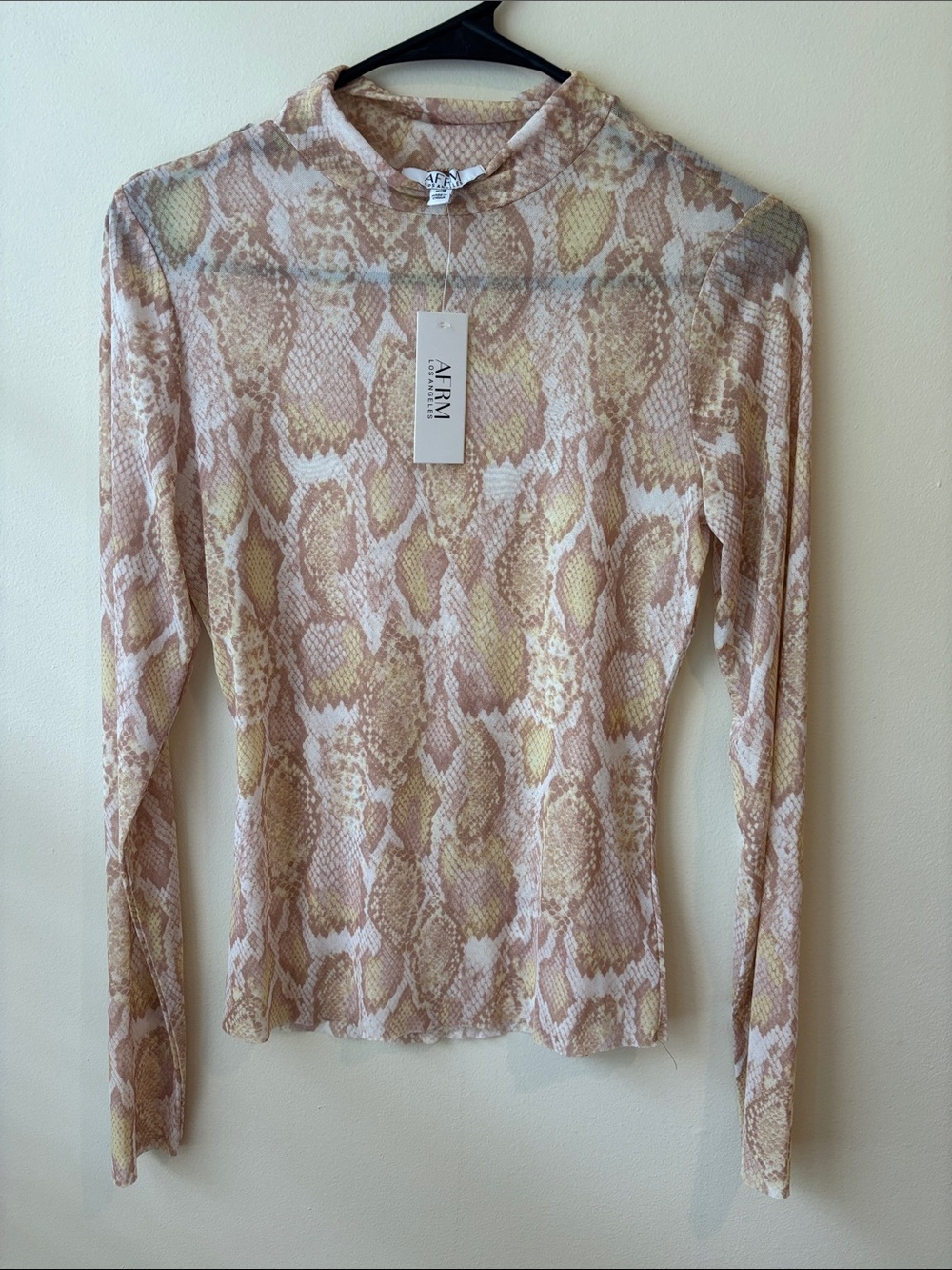 AFRM Beige & Cream Snake-Print Sheer Mock Neck Top